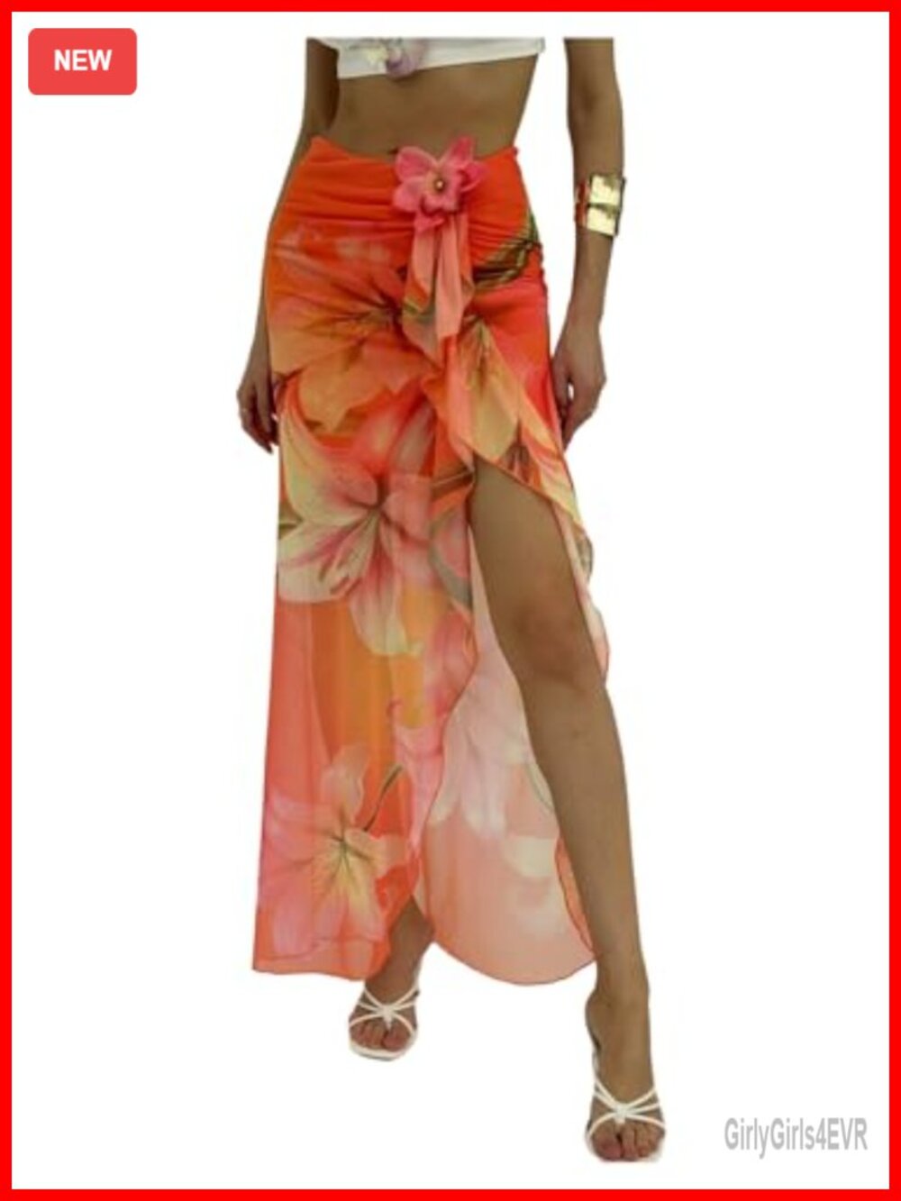 Boho Floral Wrap Maxi Skirt High Slit Ruffle Sheer Mesh Beach Vacation